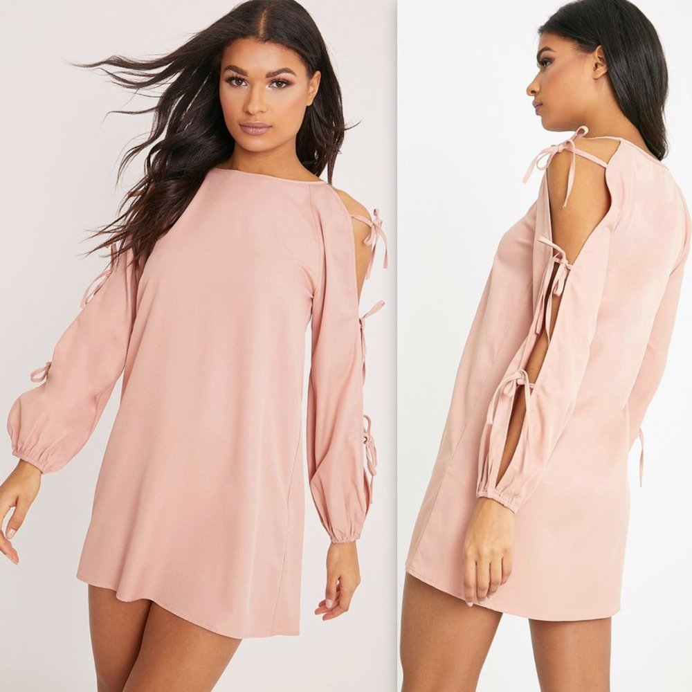PrettyLittleThing Pink Tie Sleeve Shift Dress US 0